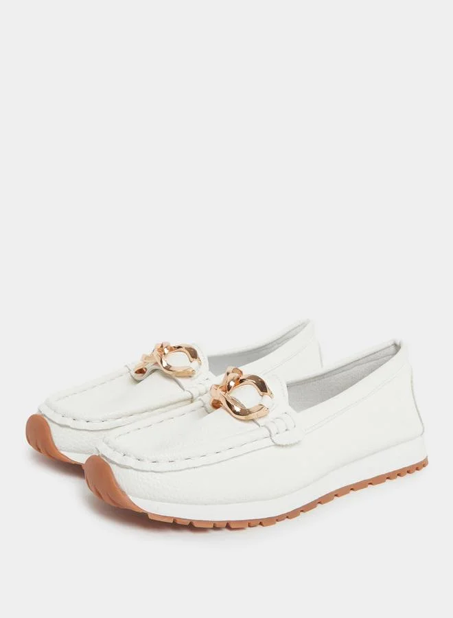 Take Two White Leather Loafers with Gold Buckle